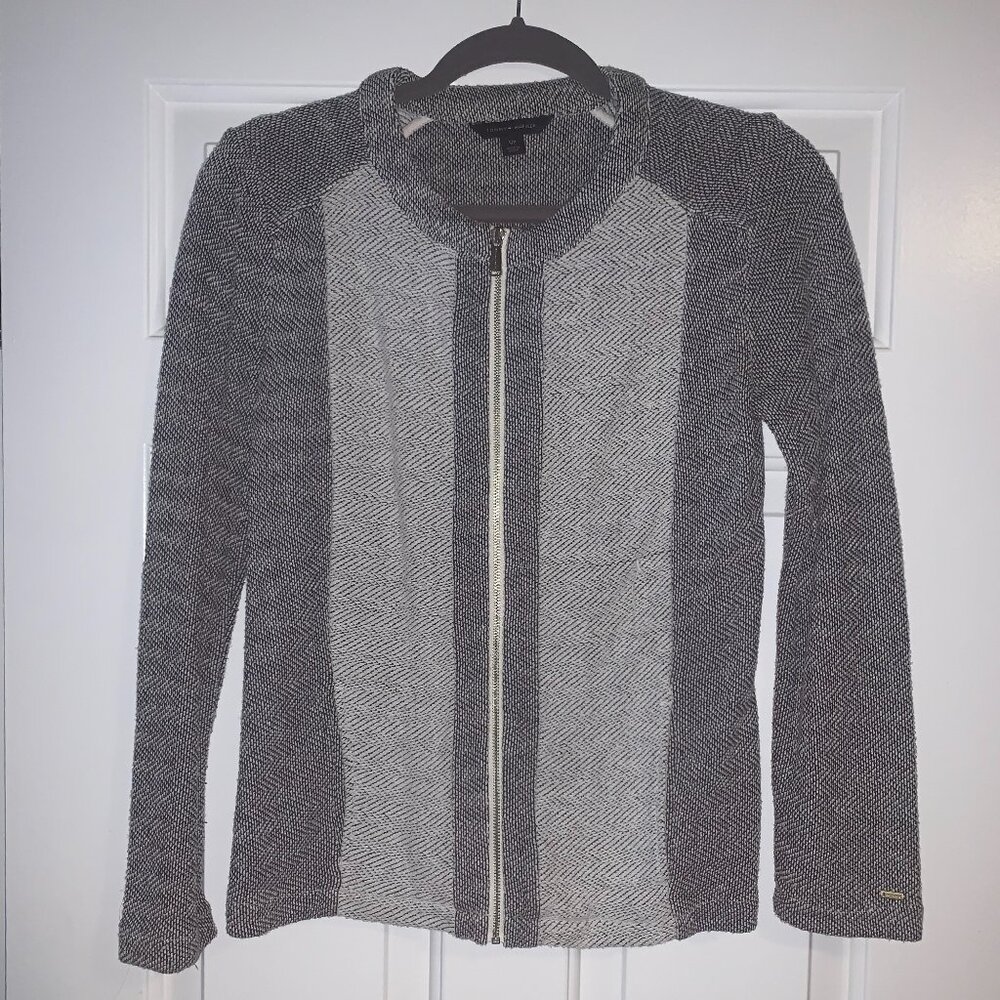TOMMY HILFIGER, ZIP FRONT SWEATER, BLUE AND WHITE, SMALL